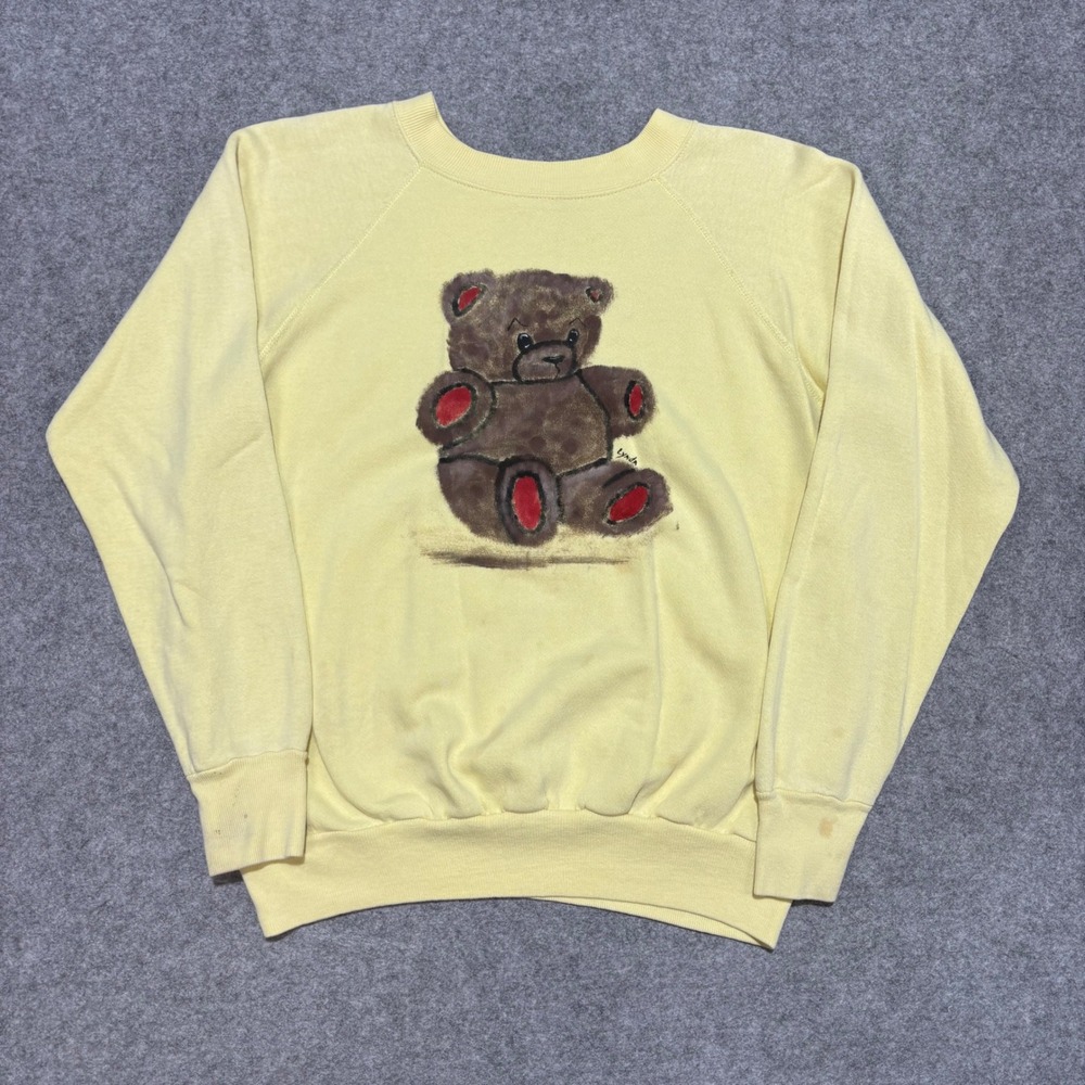 Vintage 80s Hand Painted Teddy Bear Raglan Sweatshirt Yellow Men Medium L